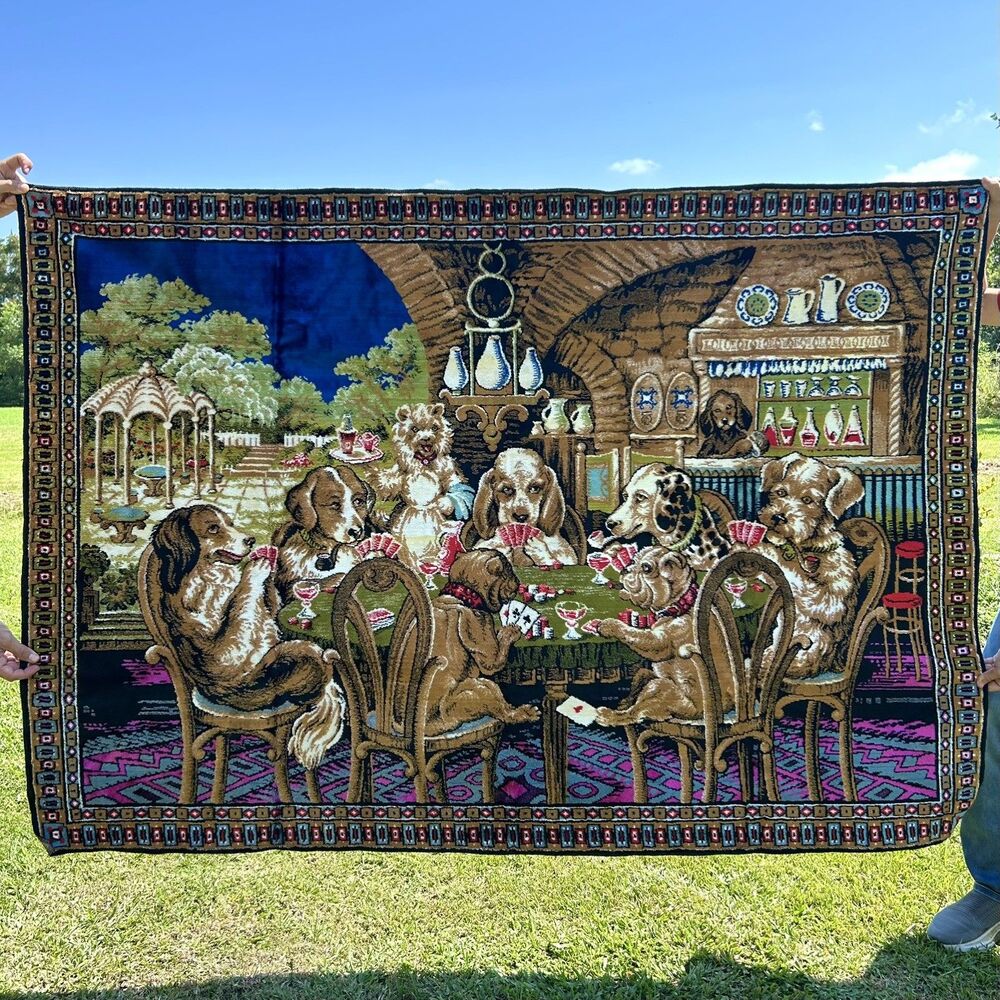 Dogs Playing Poker/Cards Large Vintage Tapestry Wall Hanging 48” x 69”